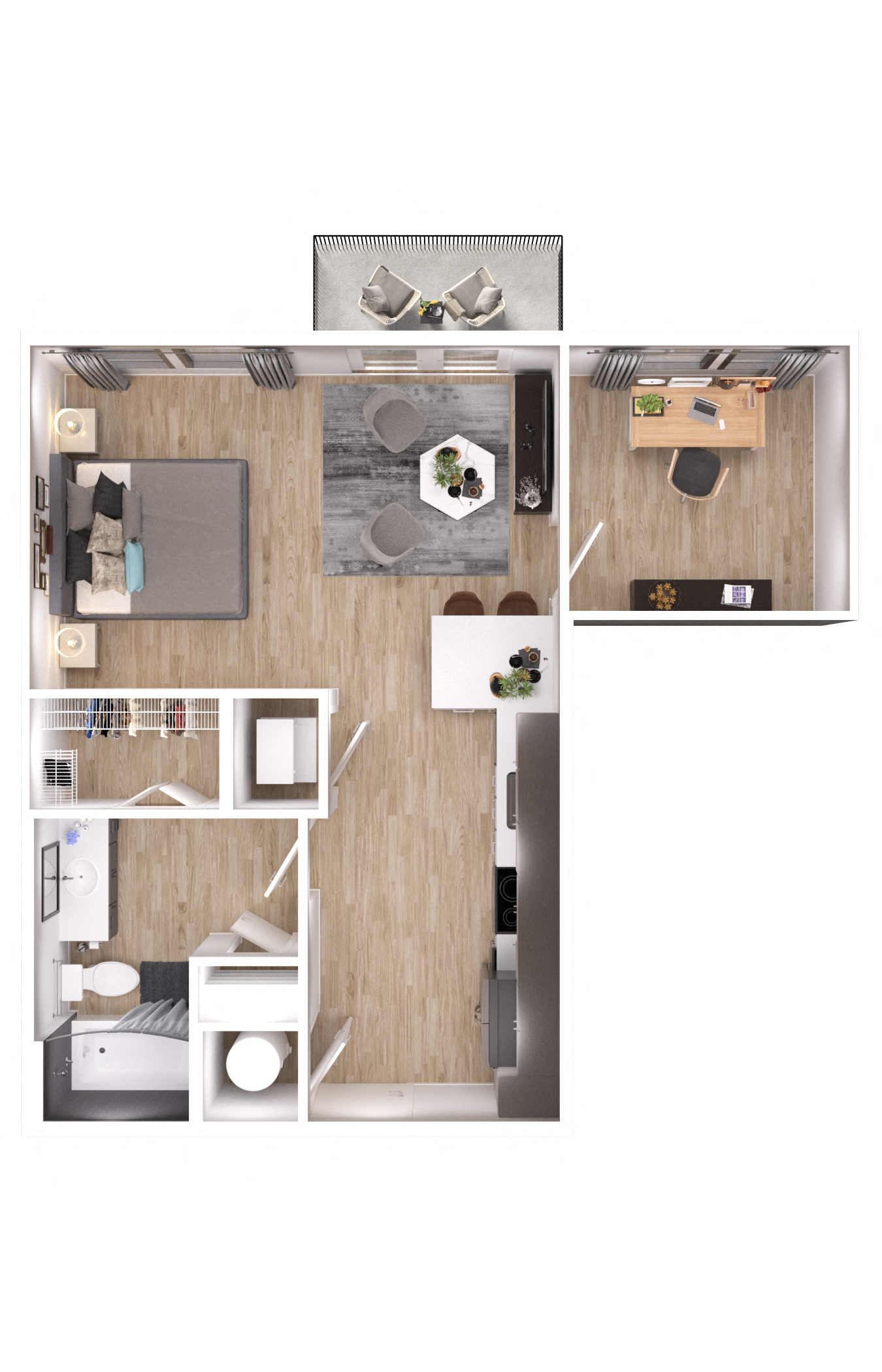 Floor plan for studio, 1 bath, 639 sqft